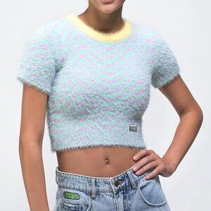 Ragged Jeans Eyelash Knit Squiggly Print Cropped Colorful Short Sleeve Sweater M